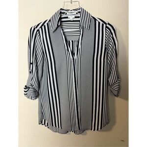EXPRESS Portofino Vneck Button Blouse Shirt Convertible Sleeve Stripes Black Whi